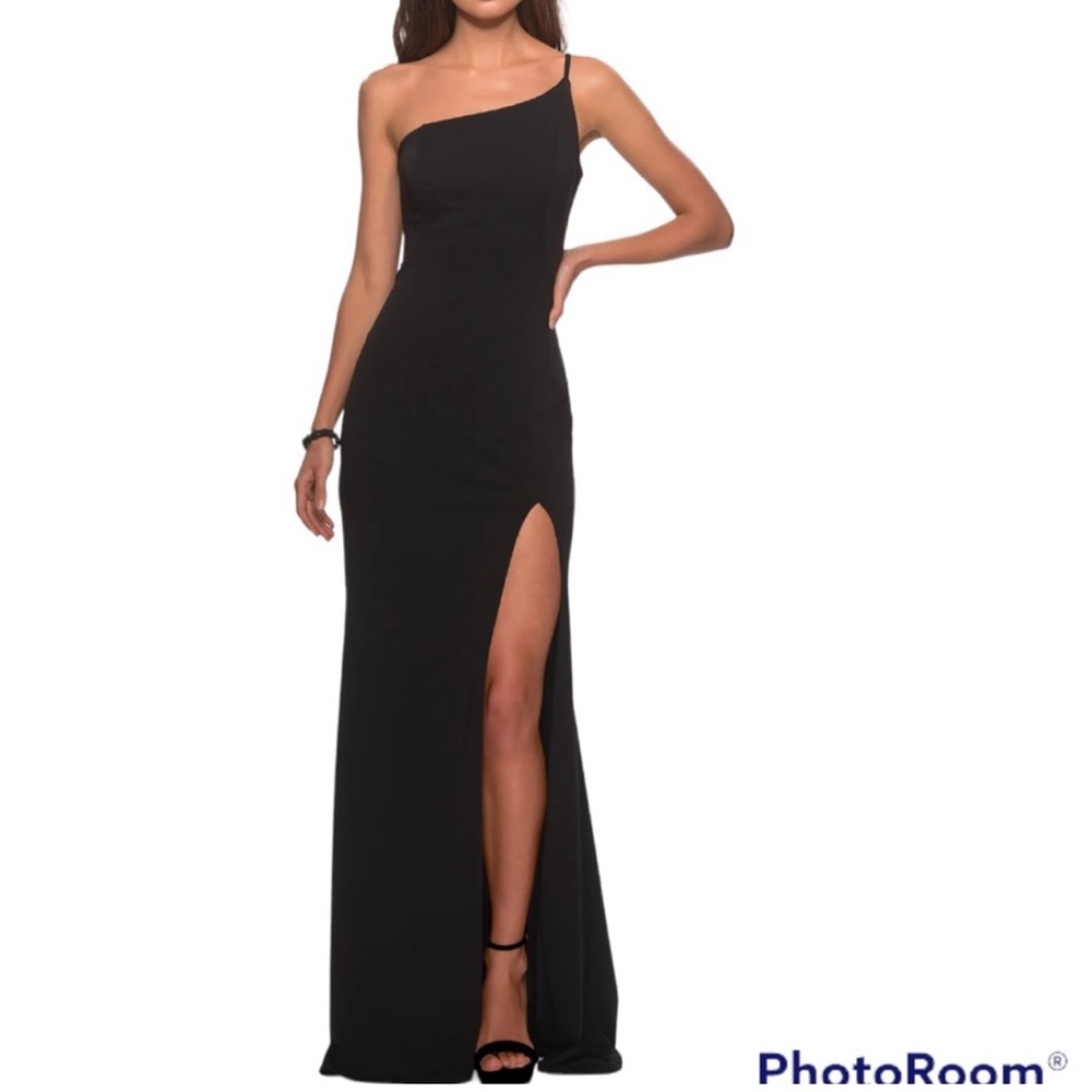 NWT La Femme One Shoulder Jersey Gown in Black Size 12
